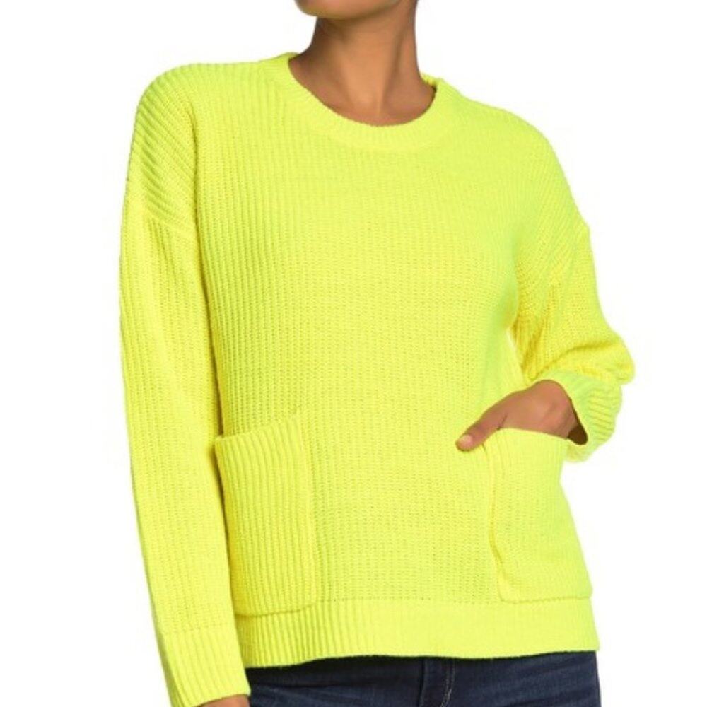 Melloday Knit Pullover Sweater Long Sleeve Crew Neck Two Pocket Yellow Size XL